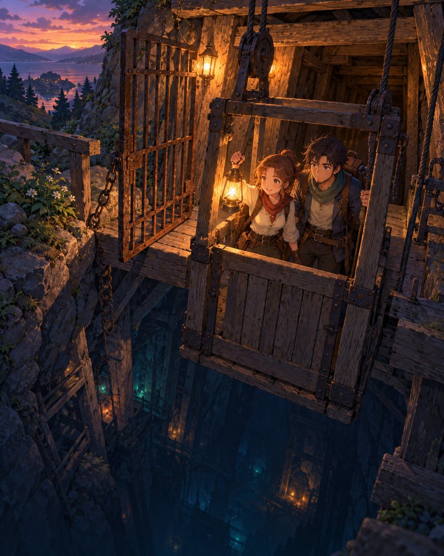 Two adventurers with a lantern step into an old wooden lift cage at a mine entrance above a deep glowing shaft
