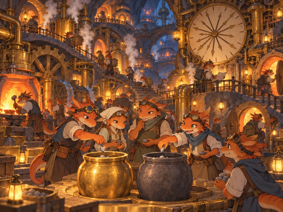 Kobolds in goggles drop pebbles into a brass pot and a slate pot to vote, in a steamy brass town under a many-handed clock